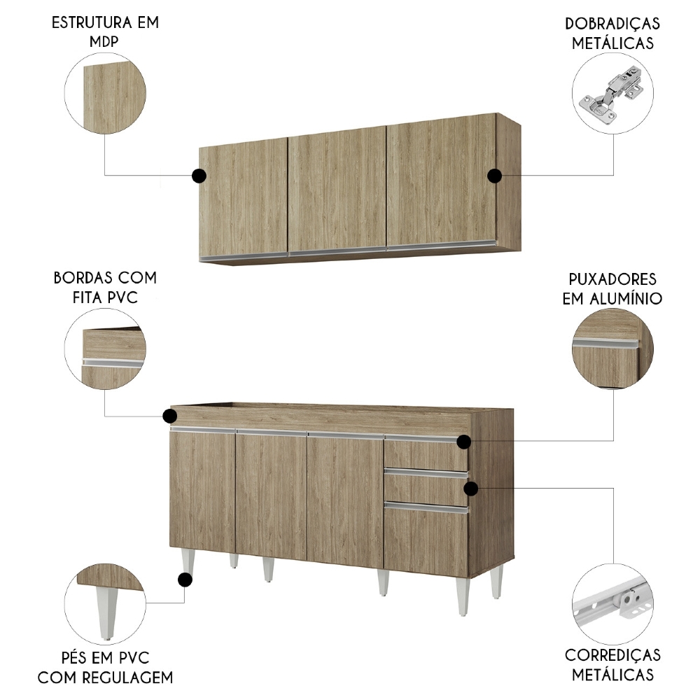 Armário Cozinha e Balcão Para Pia 150cm Marrocos Castanho   - Lumil