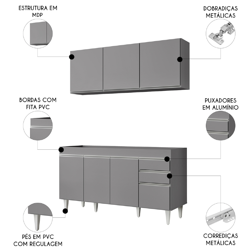 Armário Cozinha e Balcão Para Pia 150cm Marrocos Cinza      - Lumil