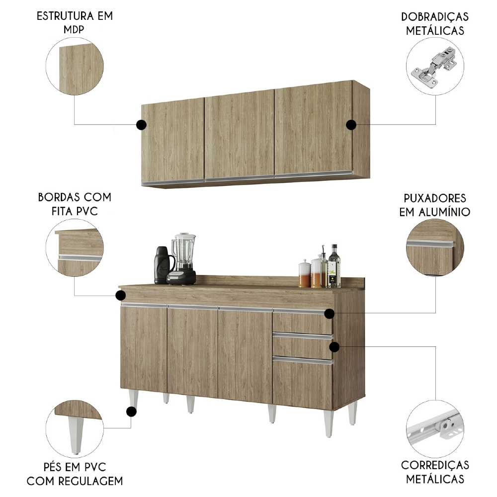 Armário Cozinha e Balcão Com Tampo 150cm Marrocos Castanho  - Lumil
