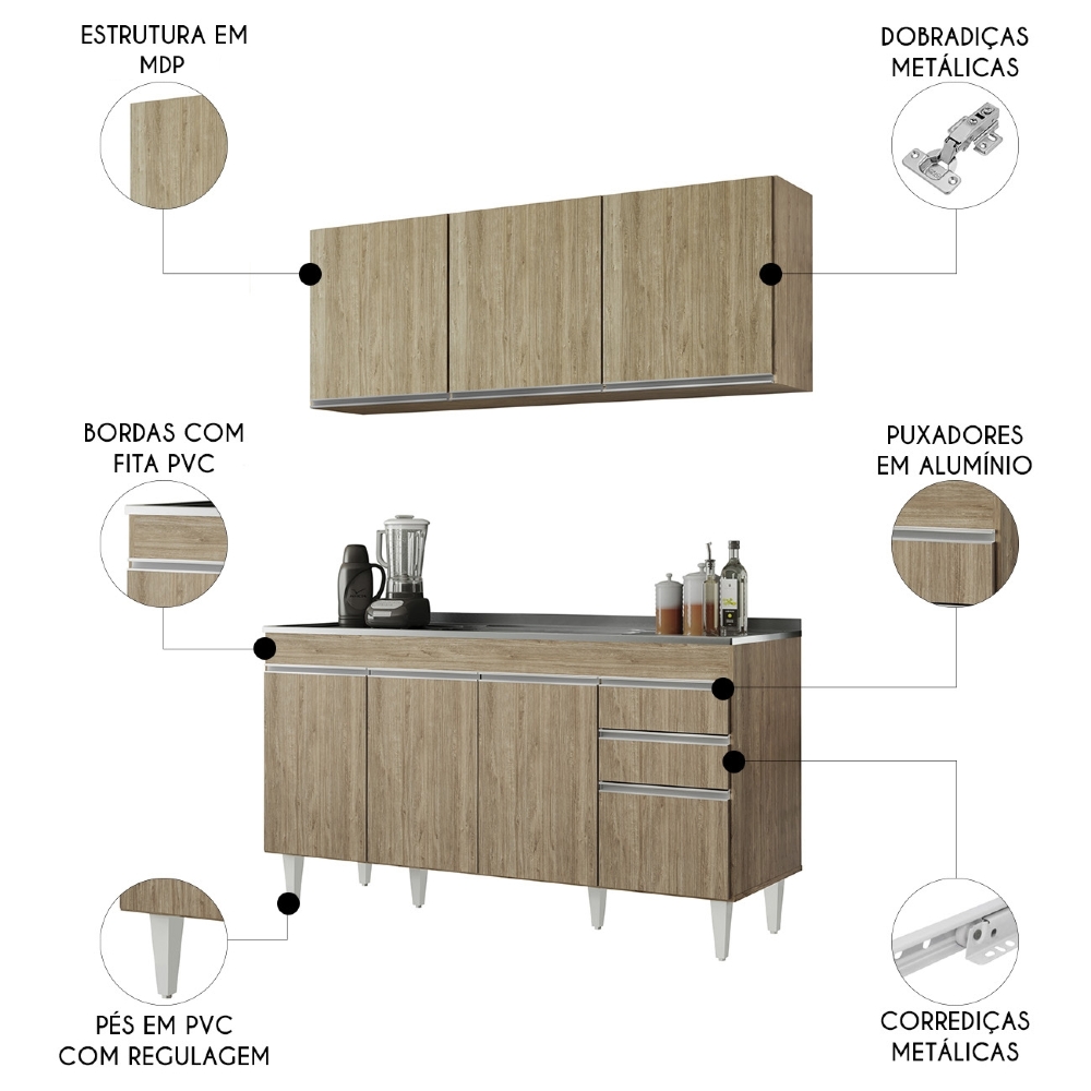Armário Cozinha e Balcão Com Pia 150cm Marrocos Castanho    - Lumil