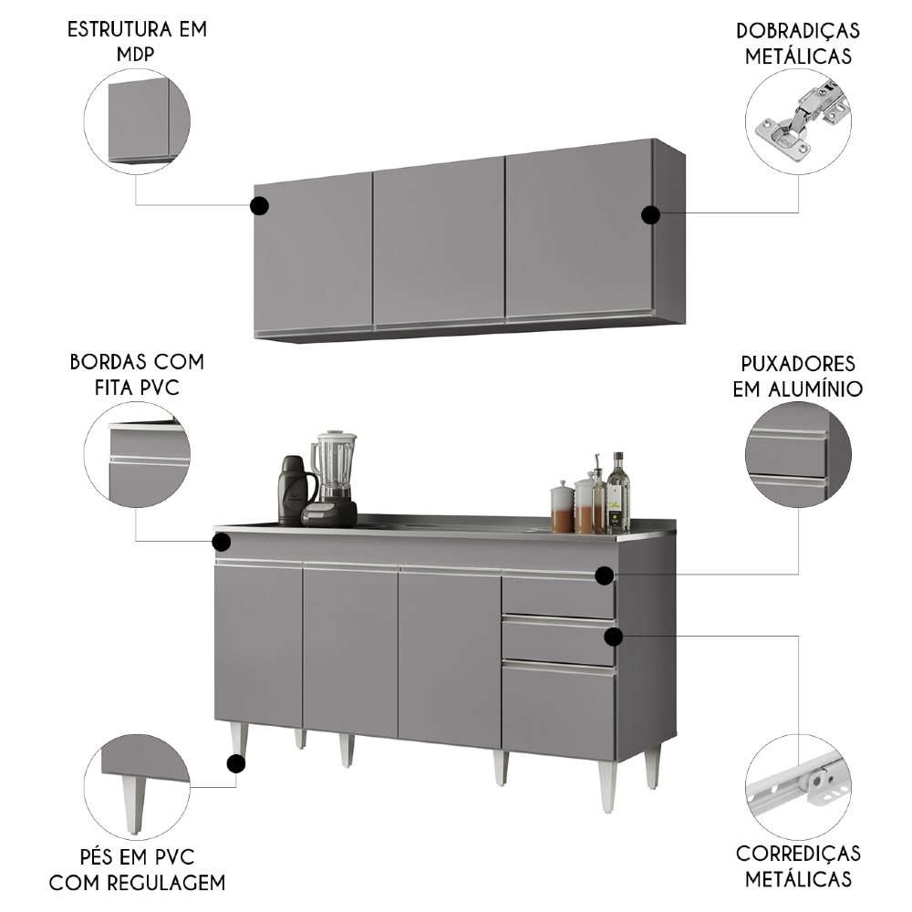 Armário Cozinha e Balcão Com Pia 150cm Marrocos Cinza      - Lumil