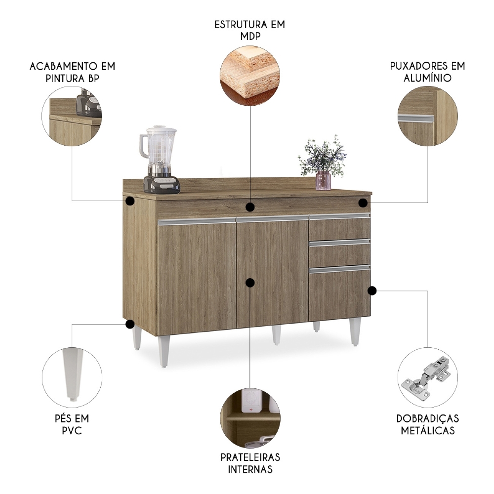 Balcão de Cozinha Para Pia Com Tampo 120cm Michigan Castanho - Lumil