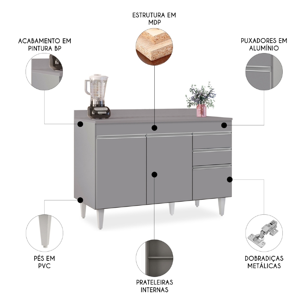 Balcão de Cozinha Para Pia Com Tampo 120cm Michigan Cinza   - Lumil