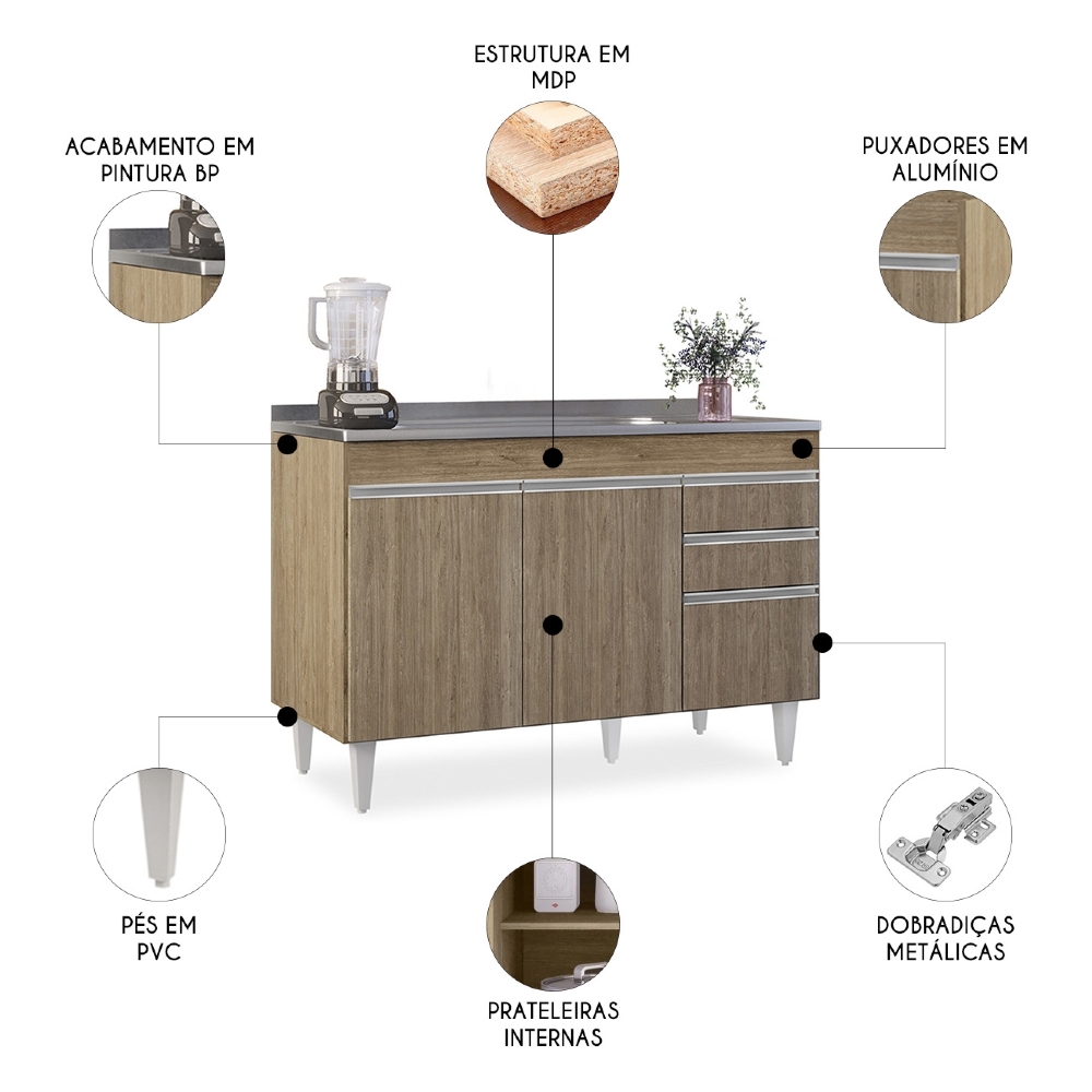 Balcão de Cozinha Com Pia Inox 120cm Michigan Castanho      - Lumil