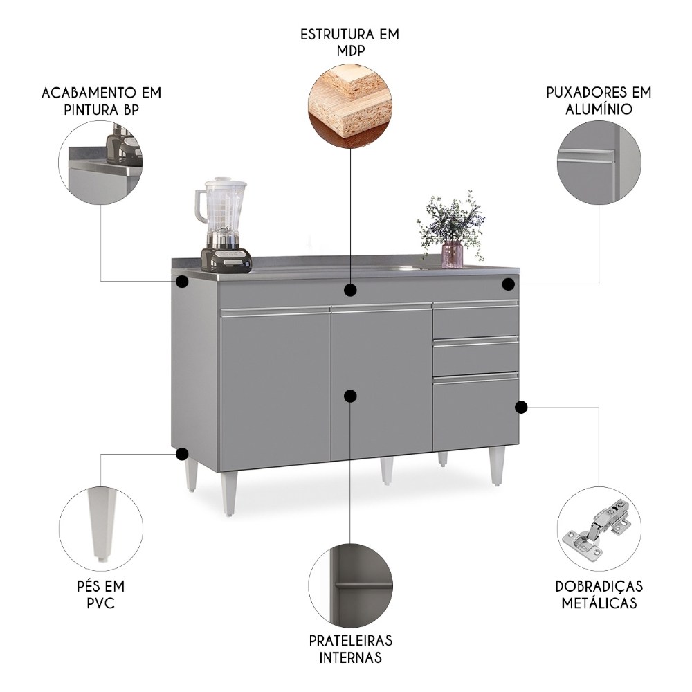 Balcão de Cozinha Com Pia Inox 120cm Michigan Cinza         - Lumil