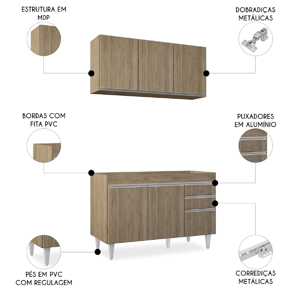 Armário Cozinha e Balcão Para Pia 120cm Michigan Castanho   - Lumil