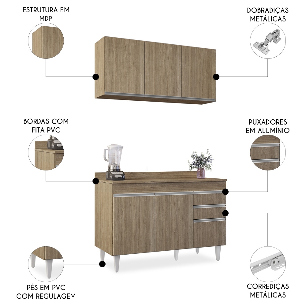 Armário Cozinha e Balcão Com Tampo 120cm Michigan Castanho  - Lumil