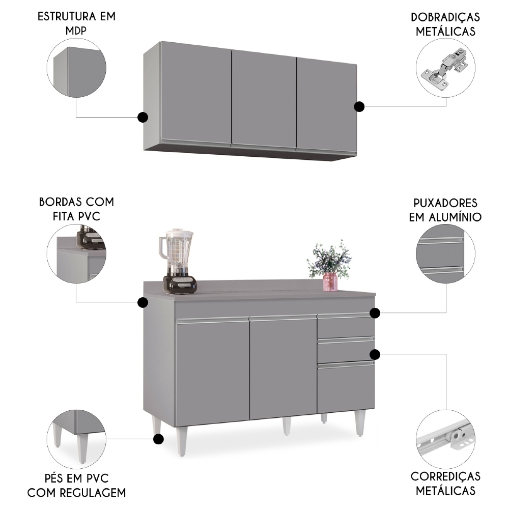 Armário Cozinha e Balcão Com Tampo 120cm Michigan Cinza     - Lumil