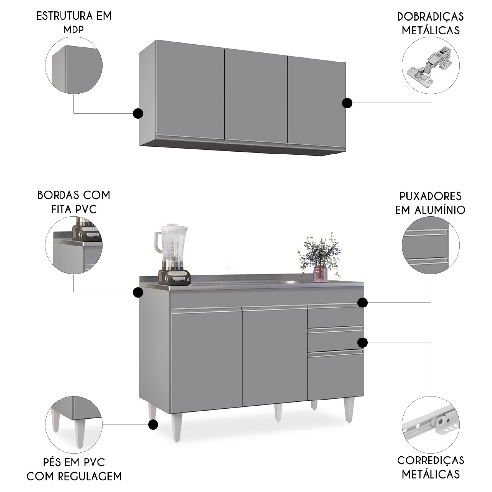 Armário Cozinha e Balcão Com Pia 120cm Michigan Cinza       - Lumil