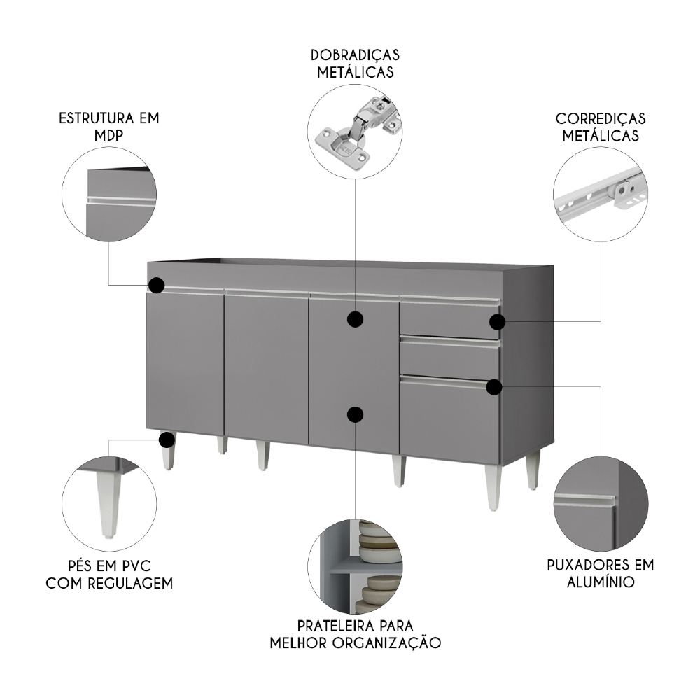 Balcão de Cozinha Para Pia 150cm Sem Tampo Marrocos Cinza   - Lumil