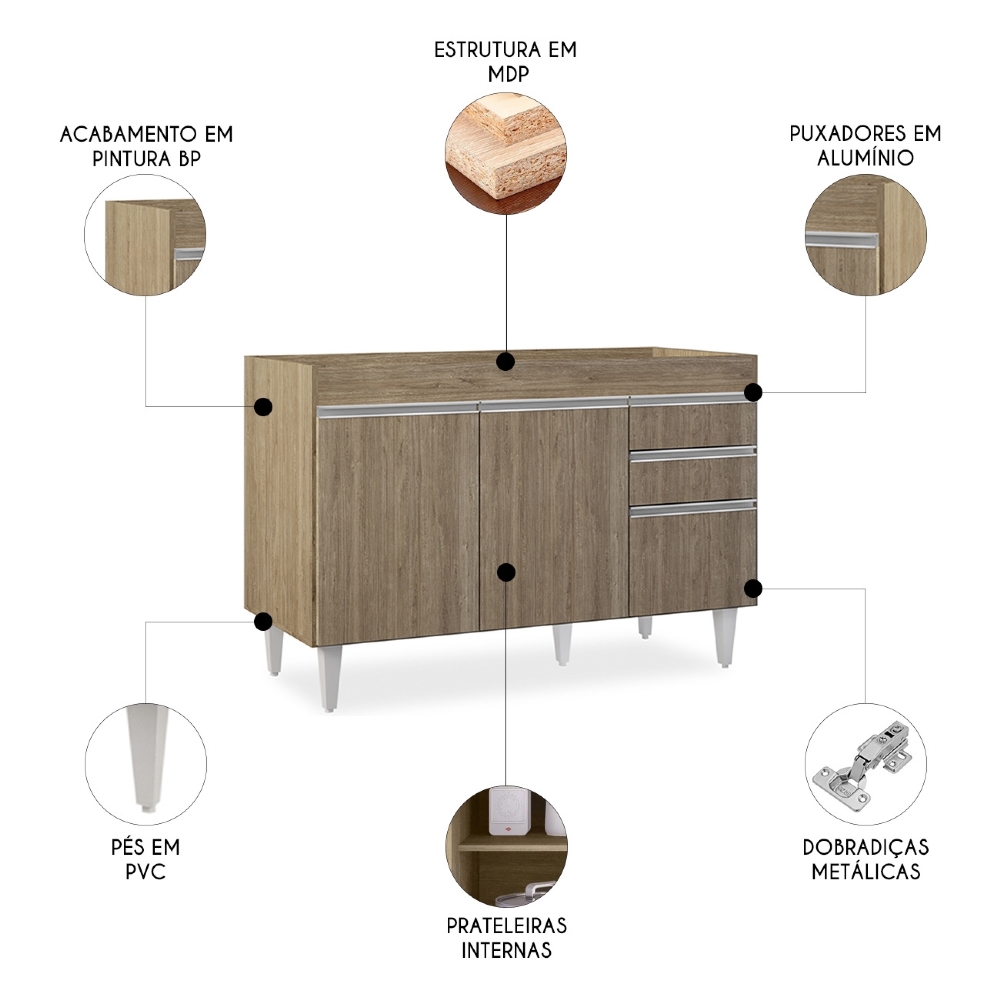 Balcão de Cozinha Para Pia 120cm Sem Tampo Michigan Castanho - Lumil