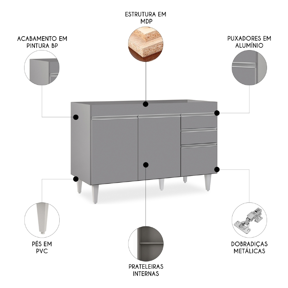 Balcão de Cozinha Para Pia 120cm Sem Tampo Michigan Cinza   - Lumil