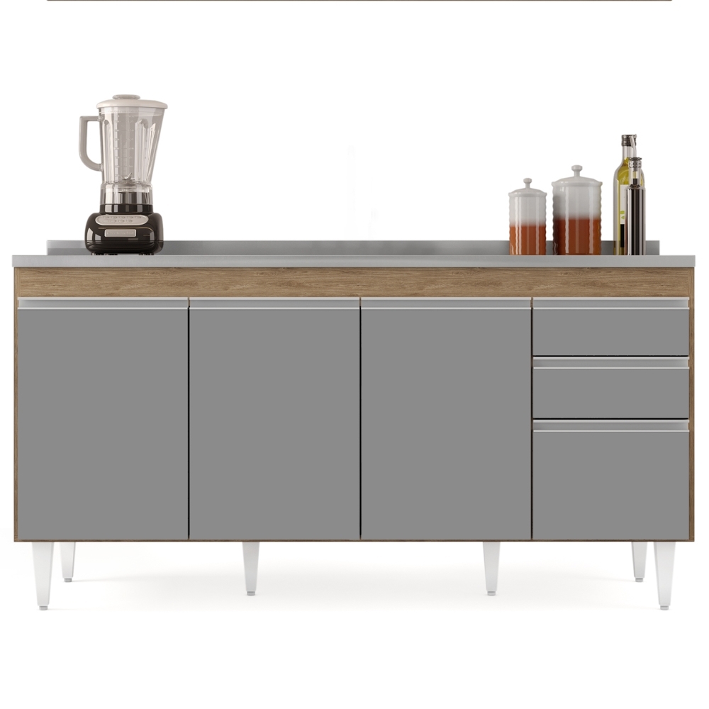 Balcão Gabinete com Pia Inox 160cm Arkansas Castanho/Cinza – Lumil