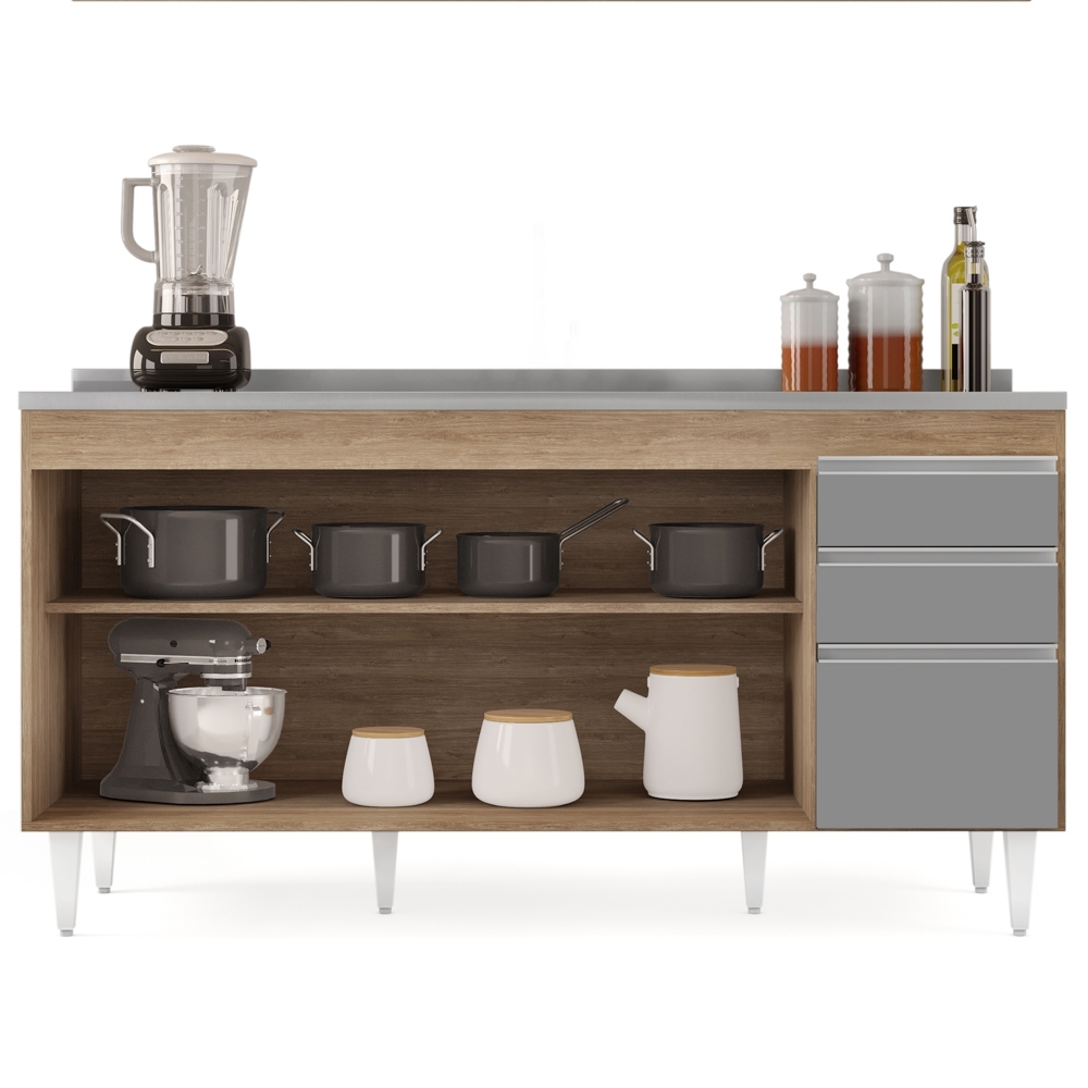 Balcão Gabinete com Pia Inox 160cm Arkansas Castanho/Cinza – Lumil