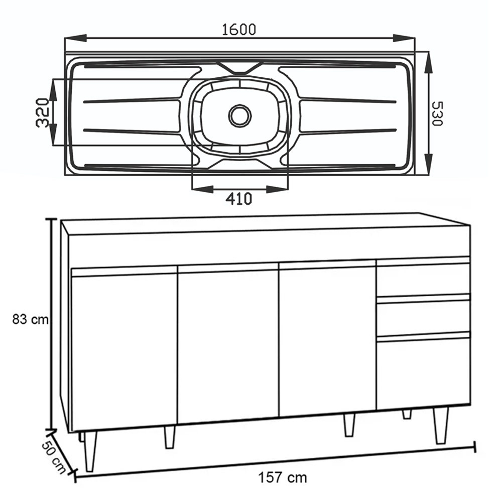 Balcão Gabinete com Pia Inox 160cm Arkansas Castanho/Cinza – Lumil