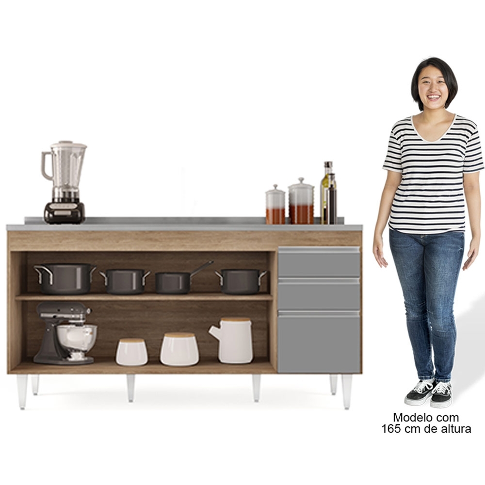 Balcão Gabinete com Pia Inox 160cm Arkansas Castanho/Cinza – Lumil