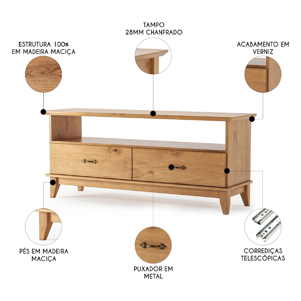 Rack TV 55 Pol 140cm Madeira 2 Gavetas Hazel Carvalho Z25   - Mpozenato