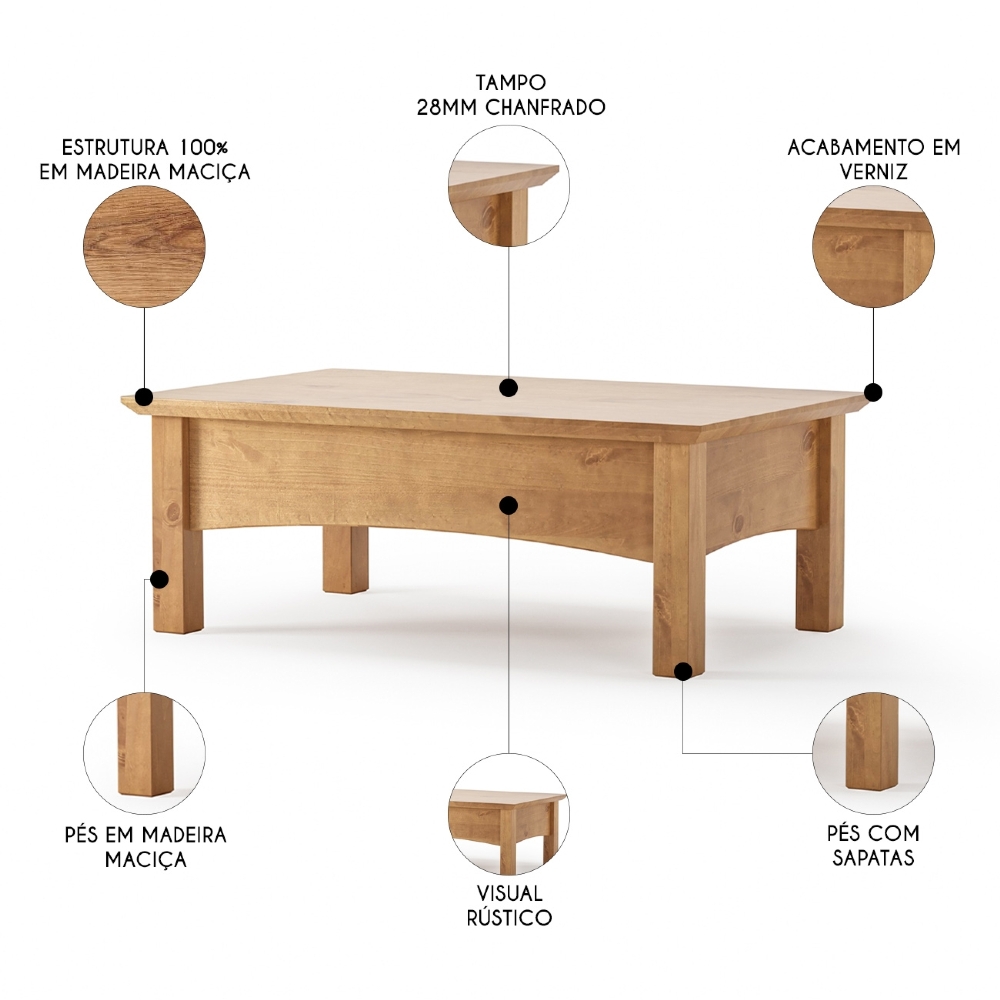 Mesa de Centro Para Sala Madeira Maciça Hazel Carvalho Z25  - Mpozenato