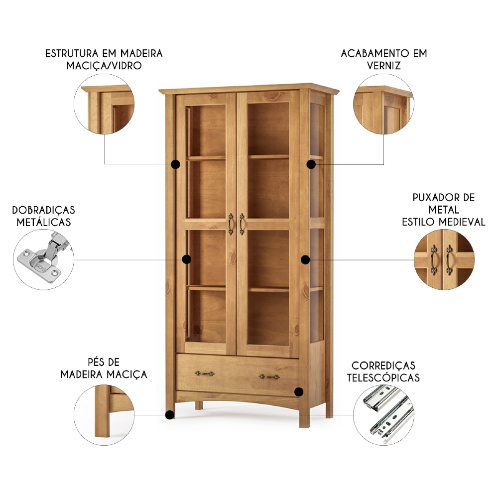 Cristaleira de Madeira 2 Portas e Gaveta Hazel Carvalho Z25 - Mpozenato