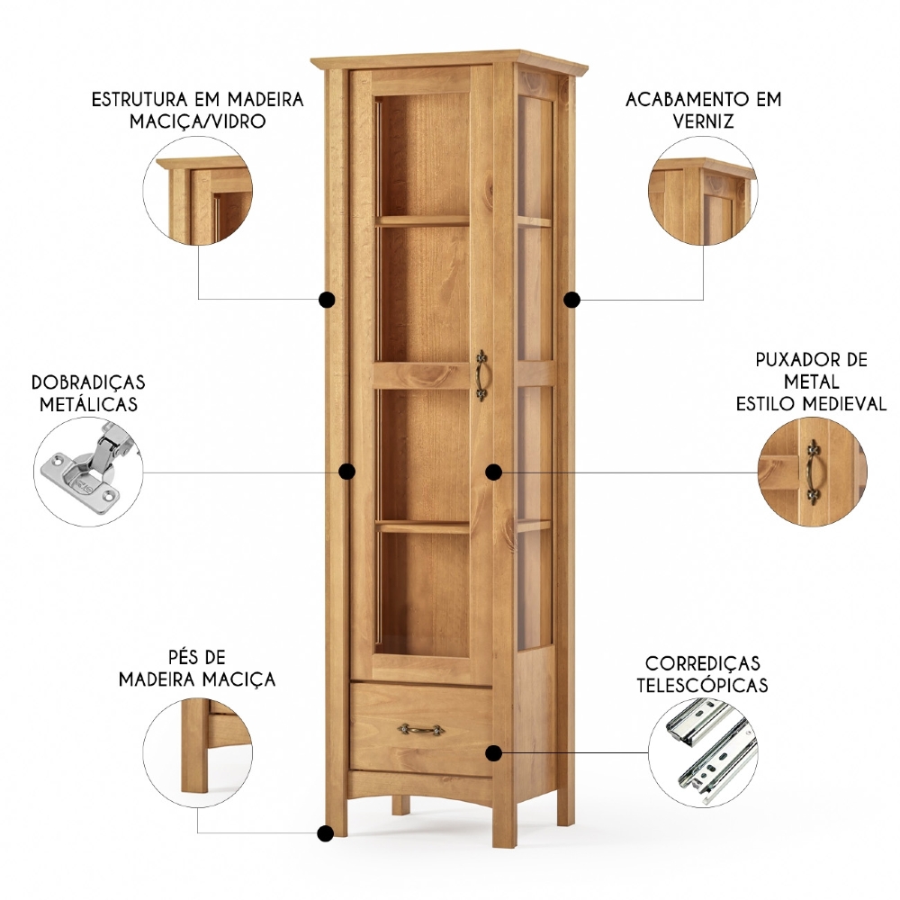 Cristaleira de Madeira 1 Porta de Vidro Hazel Carvalho Z25  - Mpozenato