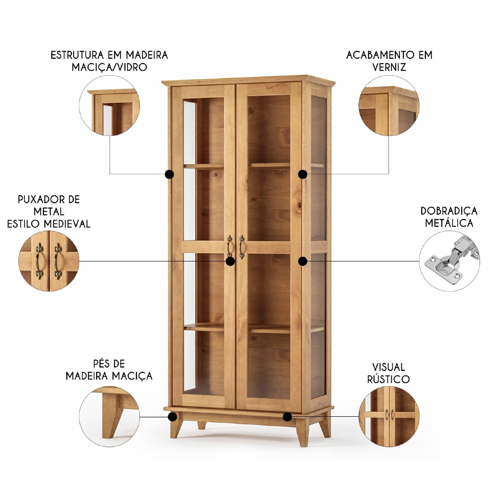 Cristaleira de Madeira 2 Portas de Vidro Hazel Carvalho Z25 - Mpozenato