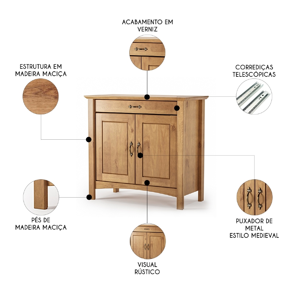 Aparador Buffet 93cm Madeira Maciça 2 Portas Hazel Carvalho Z25 - Mpozenato