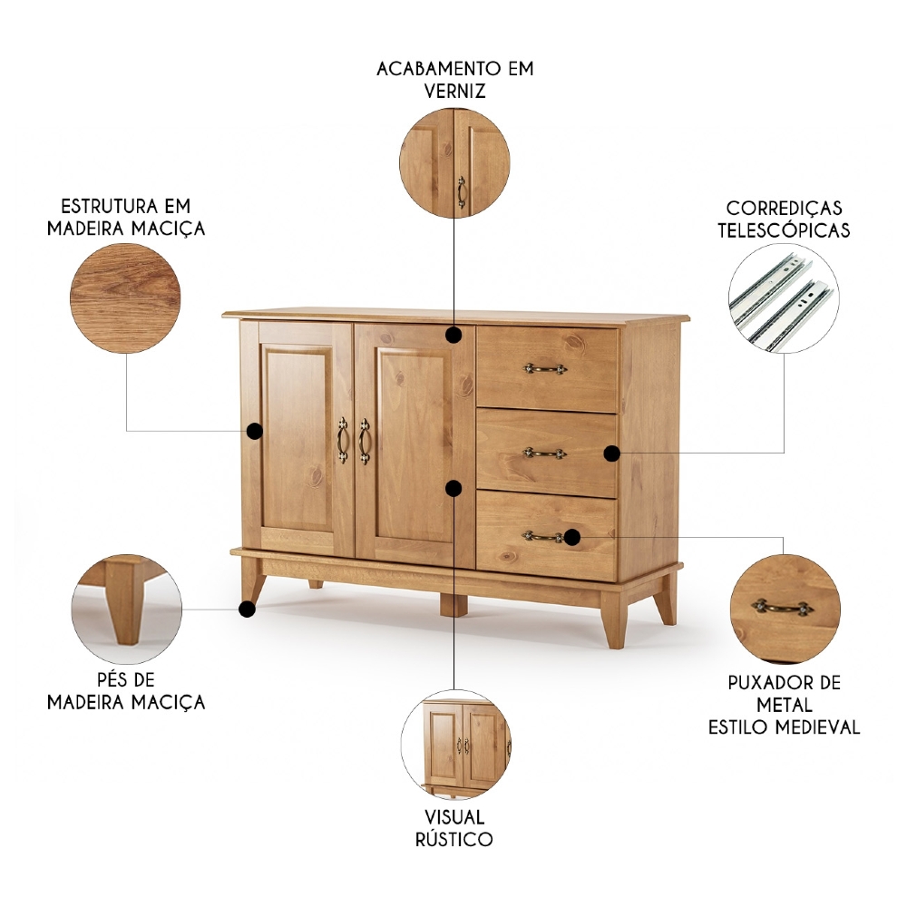 Aparador Buffet 120cm Madeira Maciça 2 Portas Hazel Carvalho Z25 - Mpozenato