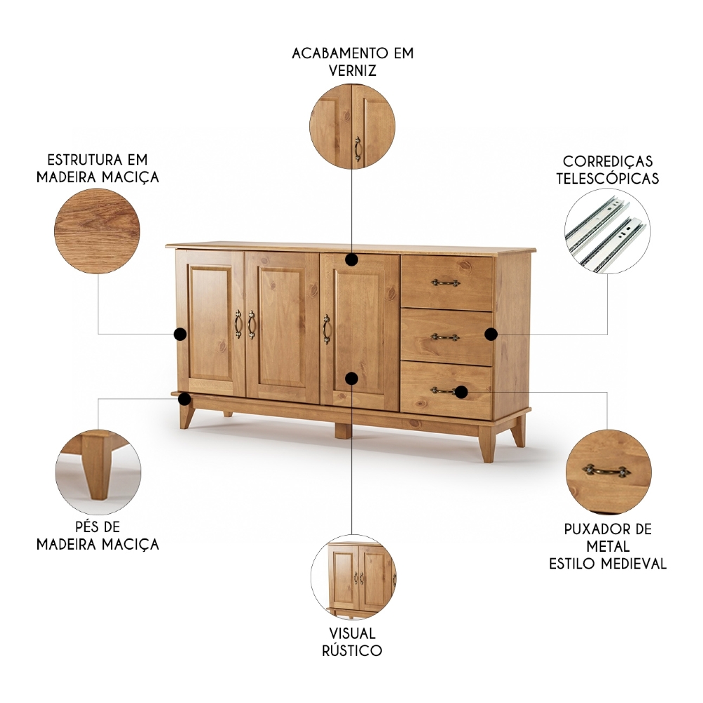 Aparador Buffet 156cm Madeira Maciça 3 Portas Hazel Carvalho Z25 - Mpozenato