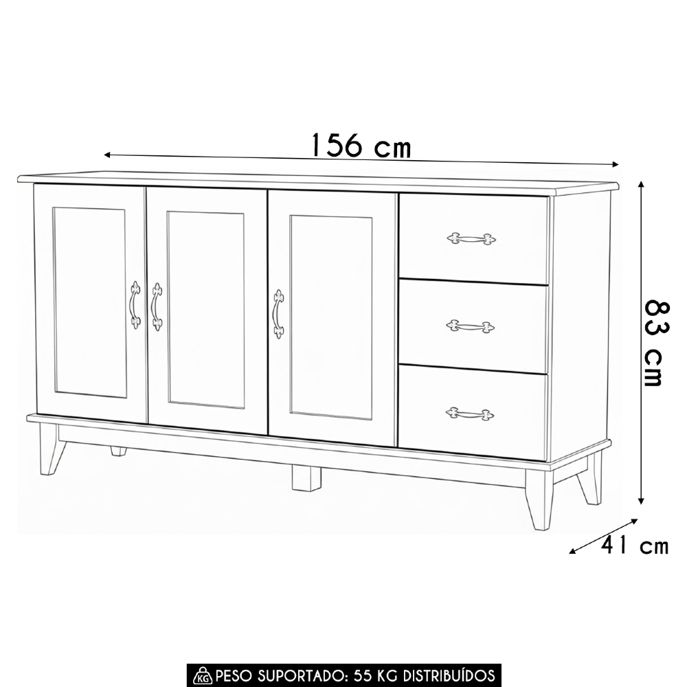 Aparador Buffet 156cm Madeira Maciça 3 Portas Hazel Carvalho Z25 - Mpozenato
