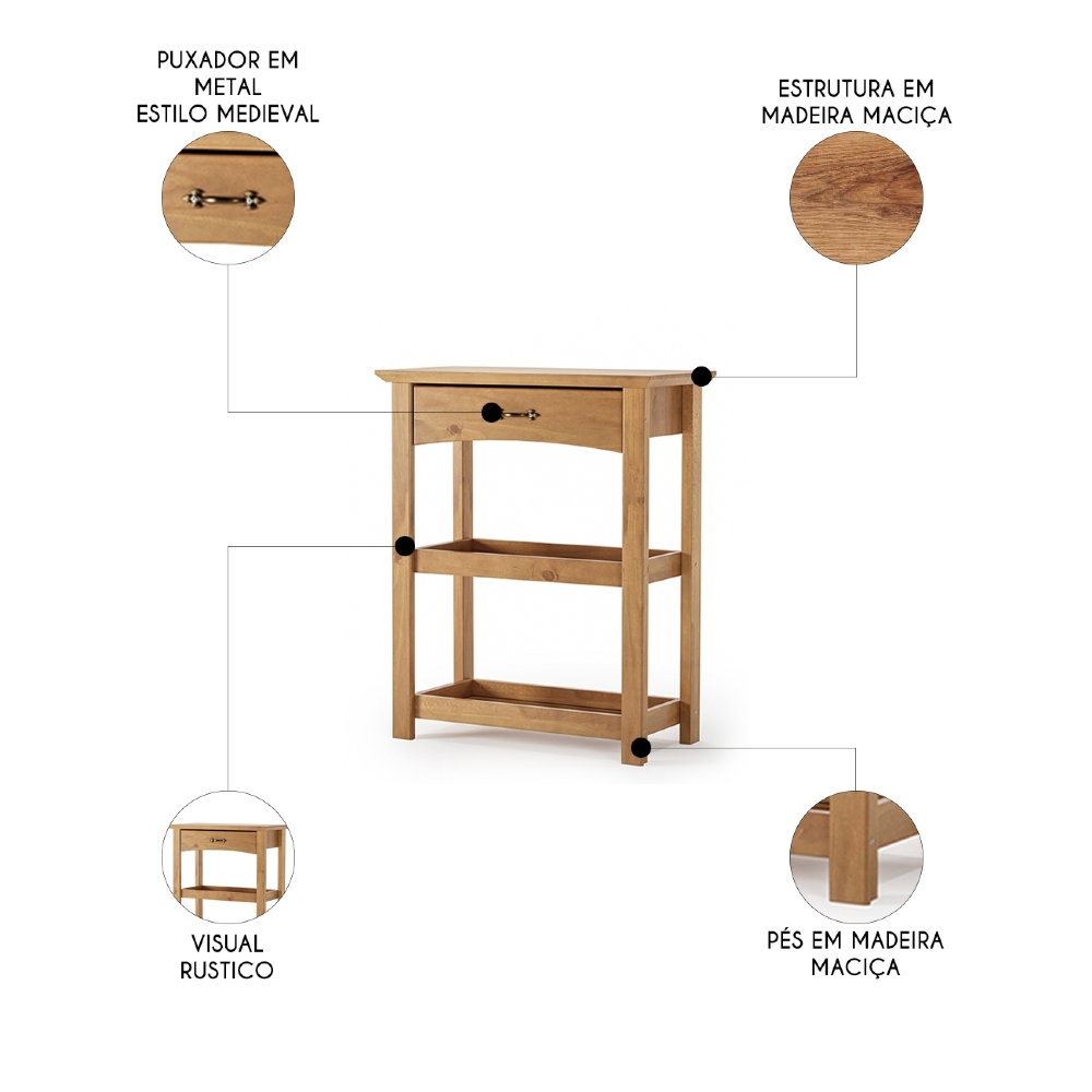 Aparador Sala de Estar 93cm Madeira 1 Gaveta Hazel Carvalho Z25 - Mpozenato