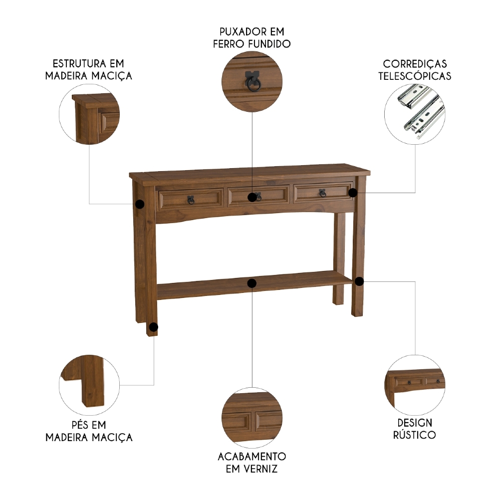 Aparador Sala de Estar 128cm Madeira 3 Gavetas Henry Imbuia Fosco Z25 - Mpozenato