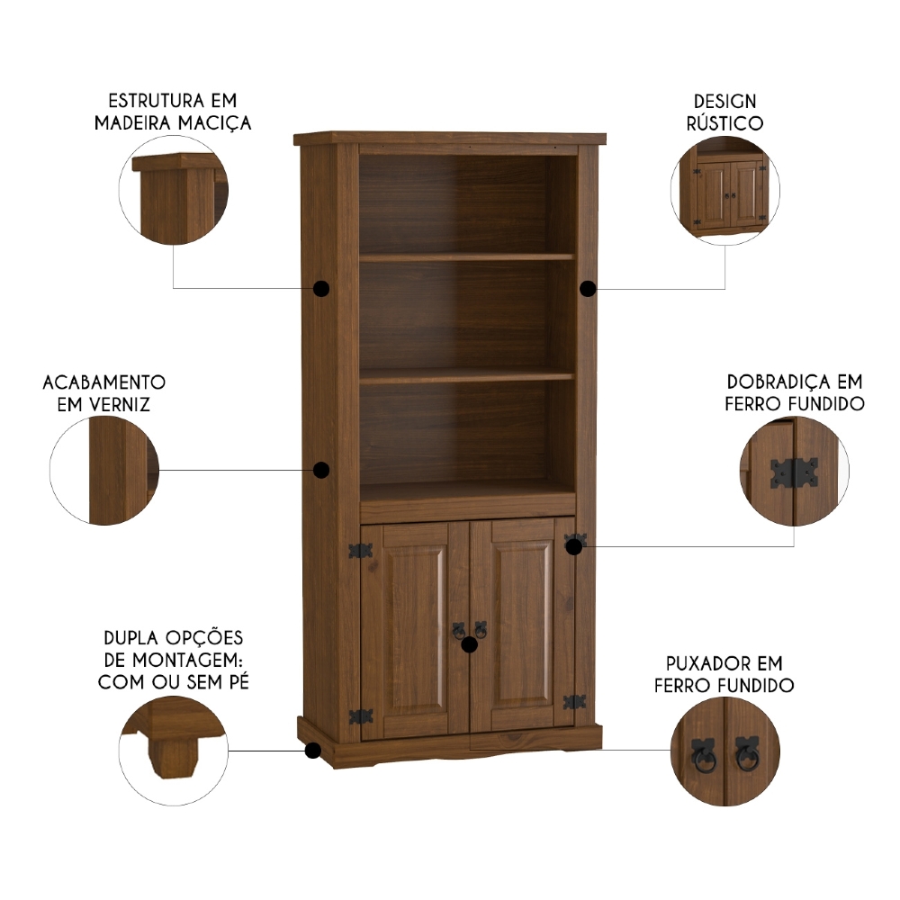 Estante Livreiro Madeira Maciça 2 Portas Henry Imbuia Fosco Z25 - Mpozenato