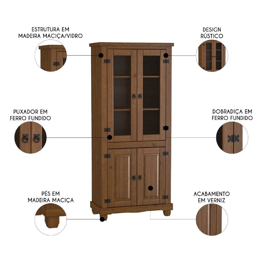 Cristaleira de Madeira 4 Portas de Vidro Henry Imbuia Fosco Z25 - Mpozenato