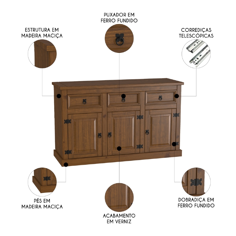 Aparador Buffet 132cm Madeira Maciça 2 Portas Henry Imbuia Fosco Z25 - Mpozenato