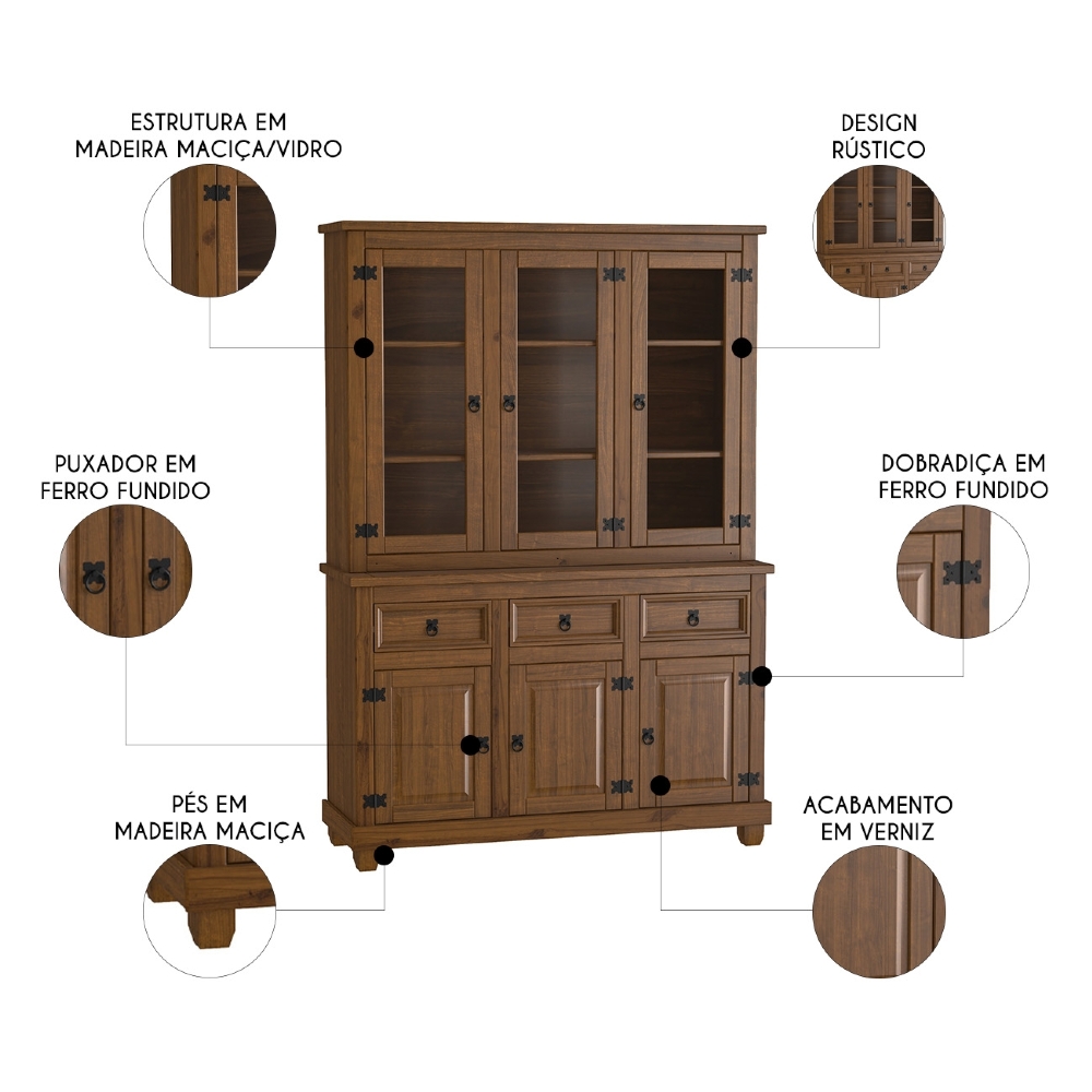 Armário Cristaleira de Madeira 6 Portas Henry Imbuia Fosco Z25 - Mpozenato