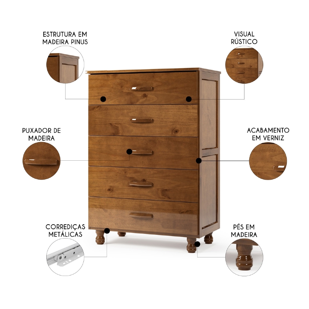 Cômoda Quarto 81cm Madeira Pinus 5 Gavetas Carl Imbuia Z25 - Mpozenato