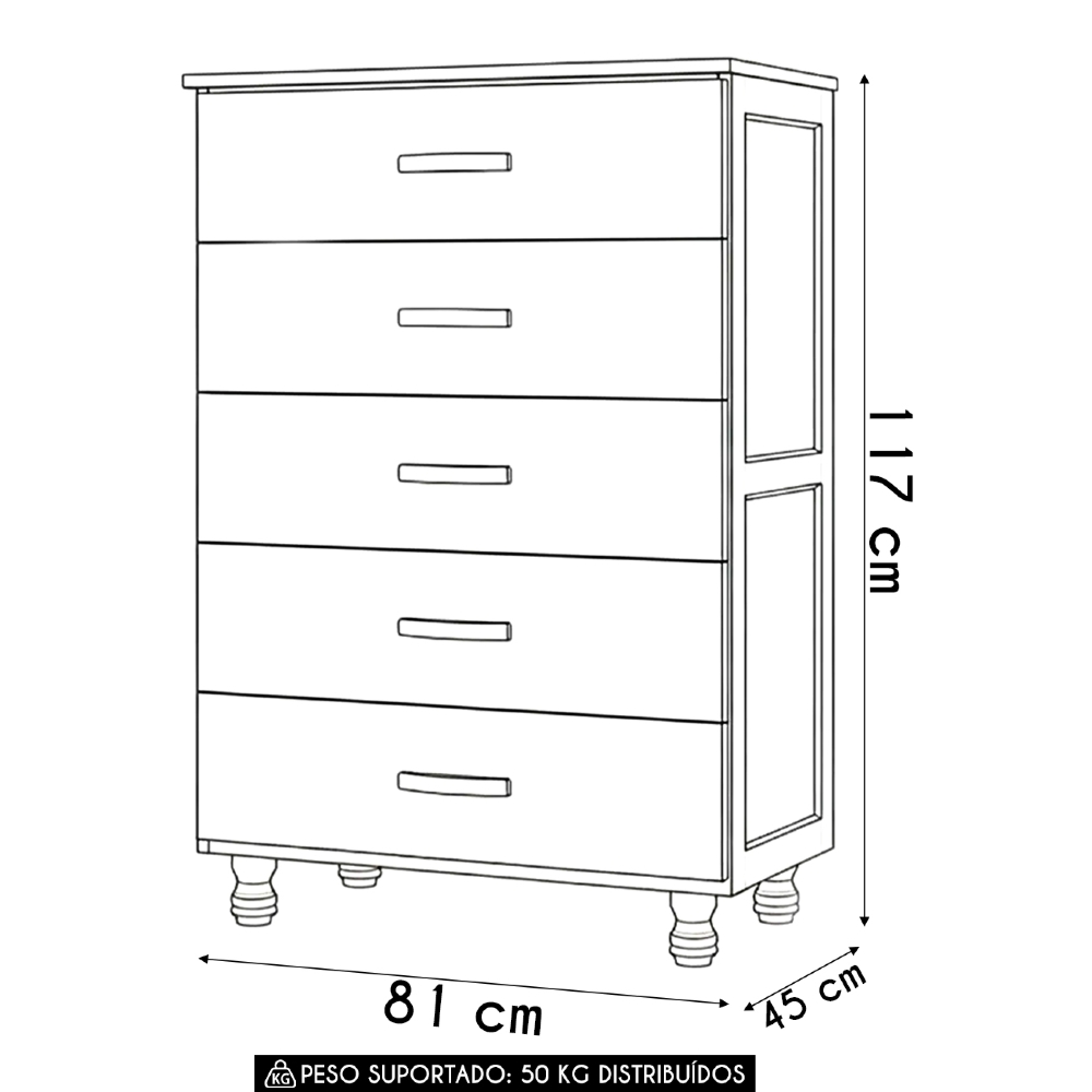 Cômoda Quarto 81cm Madeira Pinus 5 Gavetas Carl Imbuia Z25 - Mpozenato