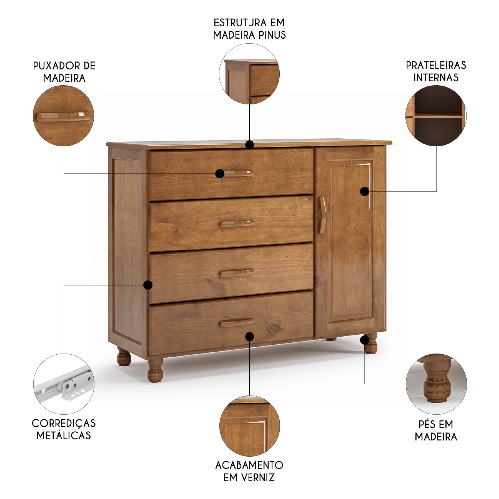 Cômoda Quarto 120cm Madeira Pinus 4 Gavetas Mateo Imbuia Z25 - Mpozenato
