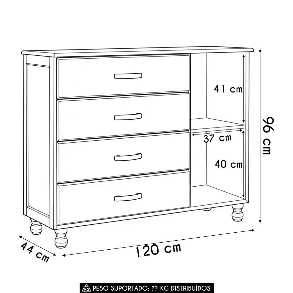 Cômoda Quarto 120cm Madeira Pinus 4 Gavetas Mateo Imbuia Z25 - Mpozenato
