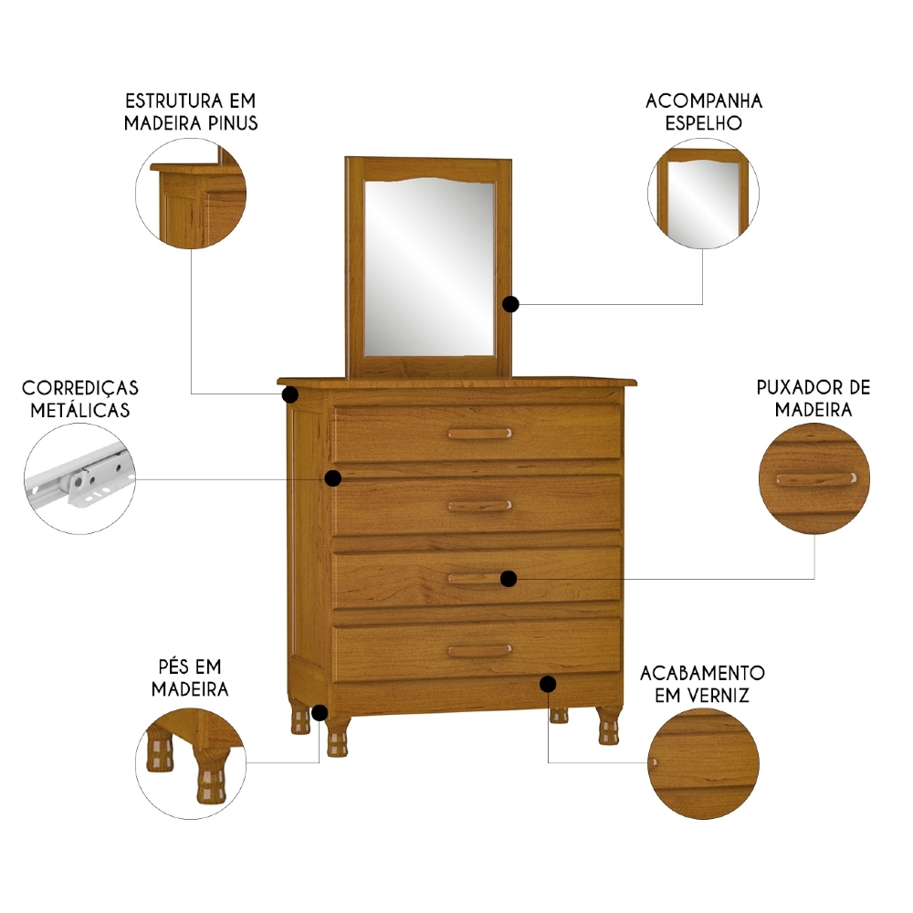 Cômoda Quarto 82cm Madeira Com Espelho 4 Gavetas Carl Imbuia Z25 - Mpozenato