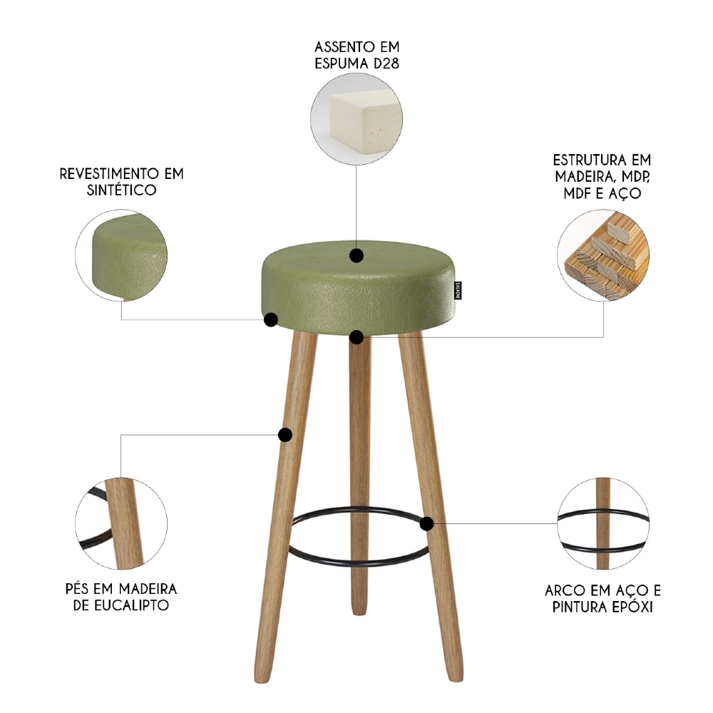 Banqueta Alta Estofada Pés Palito Hong Sintético Verde S08  - Mpozenato