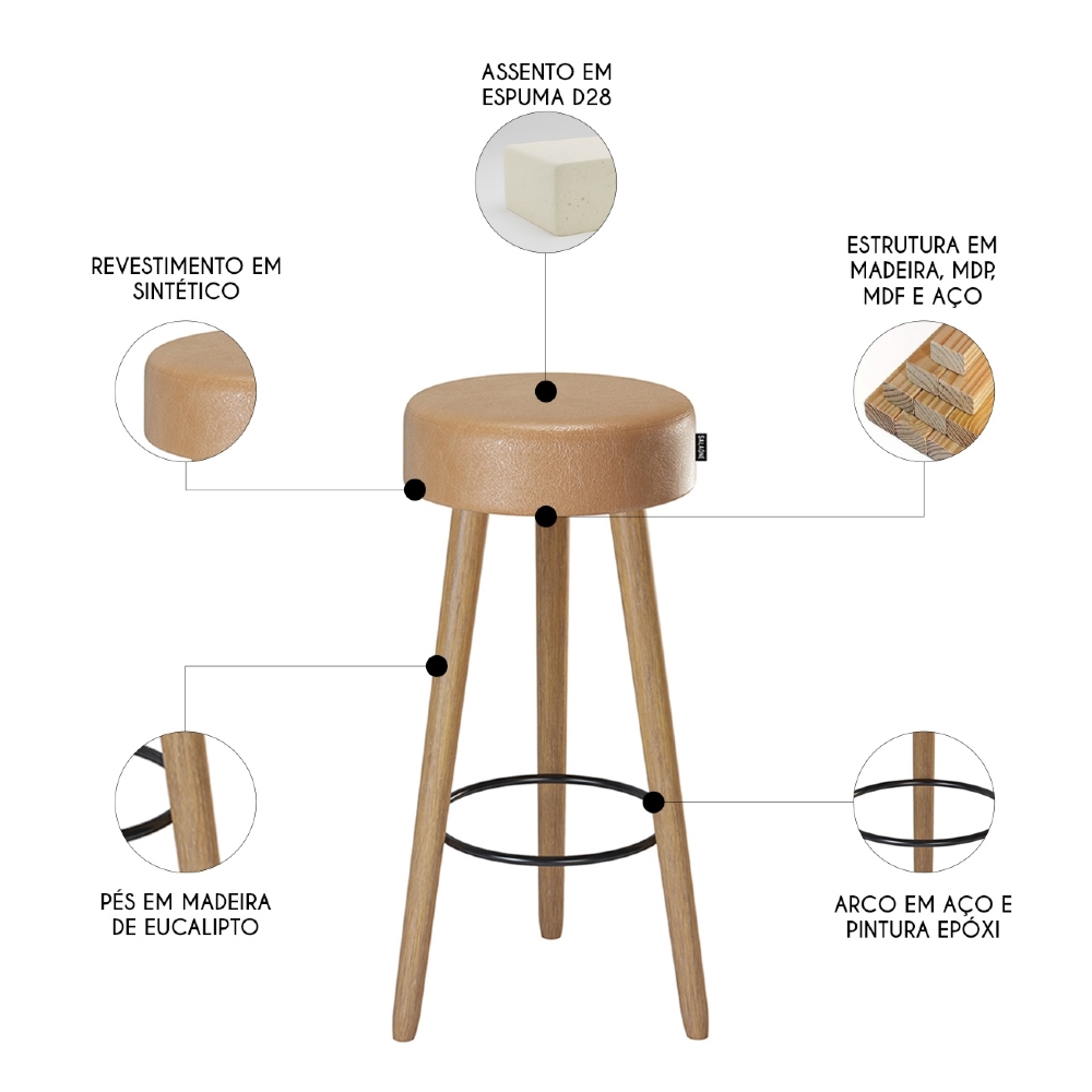 Banqueta Alta Estofada Pés Palito Kit 2 Hong Sintético Amarula S08 - Mpozenato