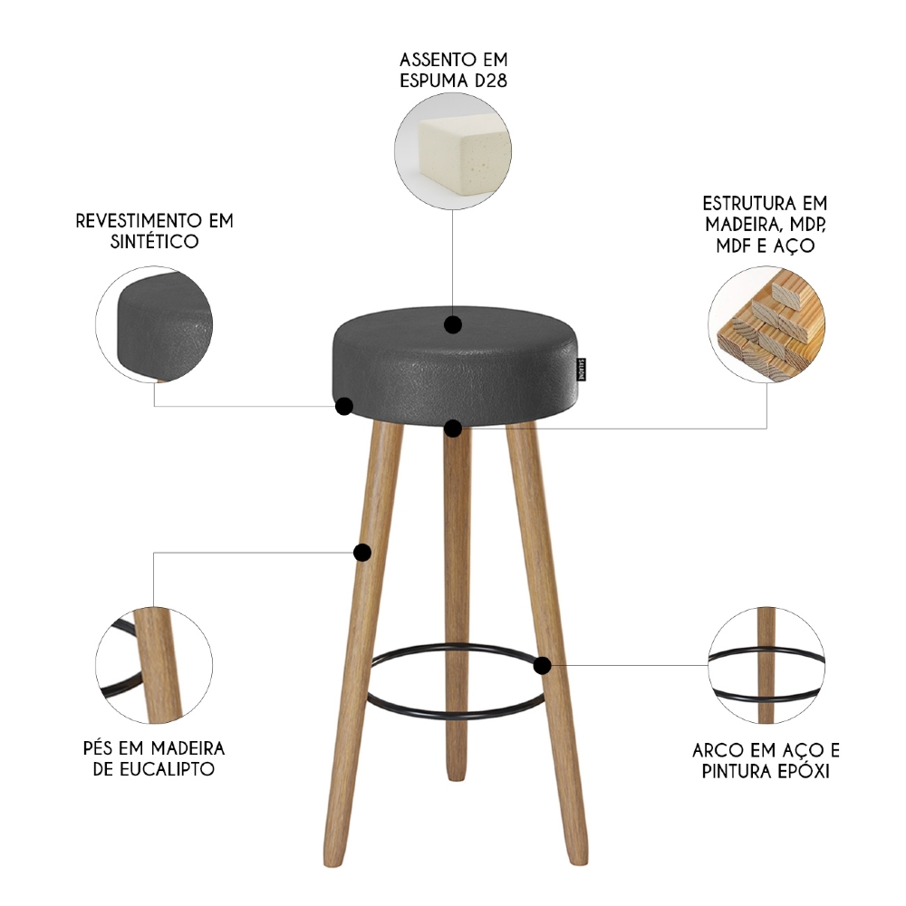 Banqueta Alta Estofada Pés Palito Kit 2 Hong Sintético Preto S08 - Mpozenato