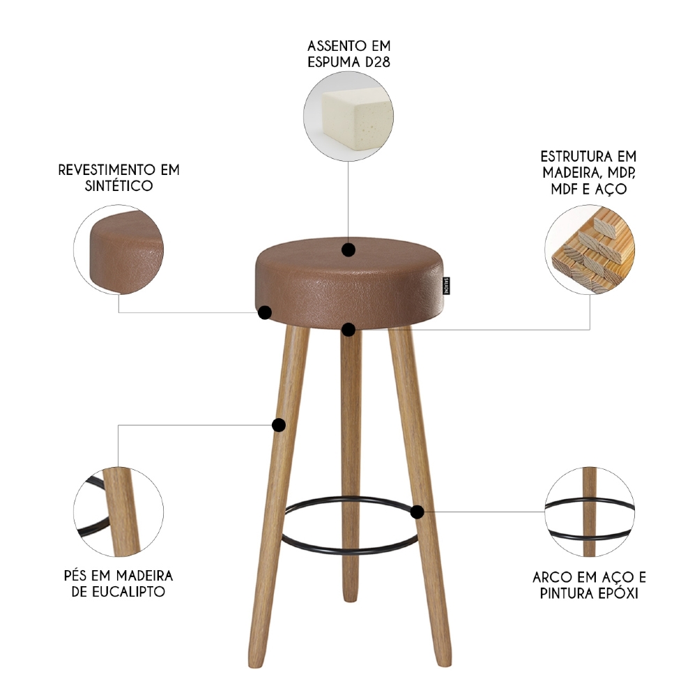 Banqueta Alta Estofada Pés Palito Kit 4 Hong Sintético Café S08 - Mpozenato