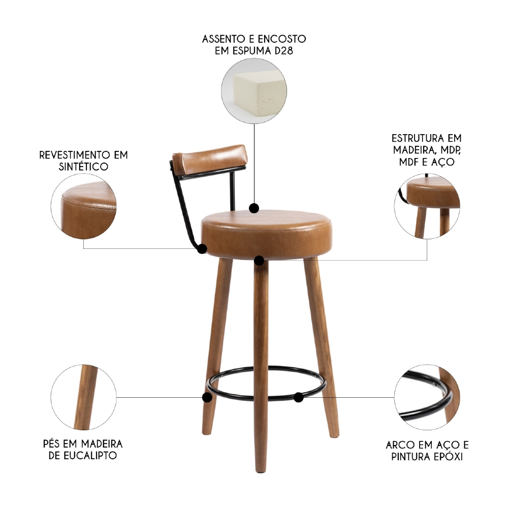 Banqueta Alta Estofada Pés Palito Kit 2 Tília Sintético Amarula S08 - Mpozenato