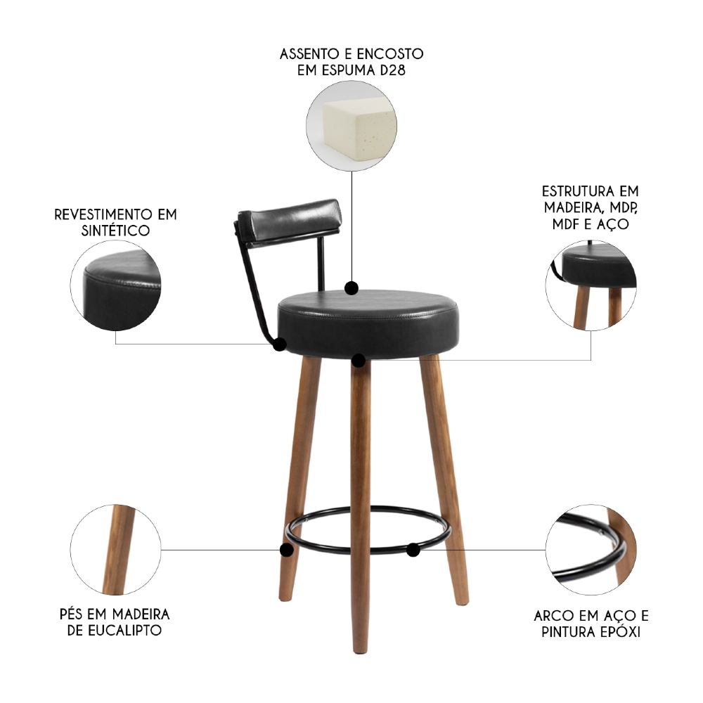 Banqueta Alta Estofada Pés Palito Kit 2 Tília Sintético Preto S08 - Mpozenato