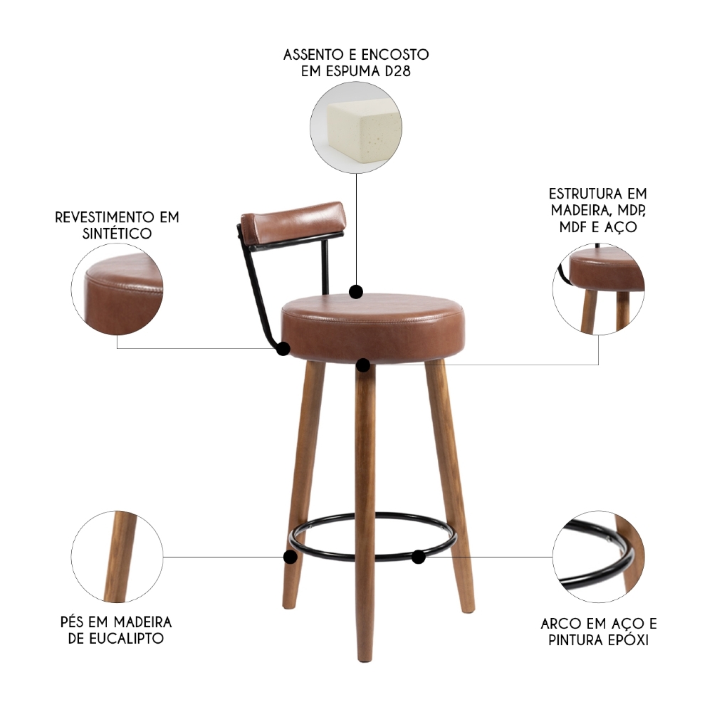 Banqueta Alta Estofada Pés Palito Kit 4 Tília Sintético Café S08 - Mpozenato