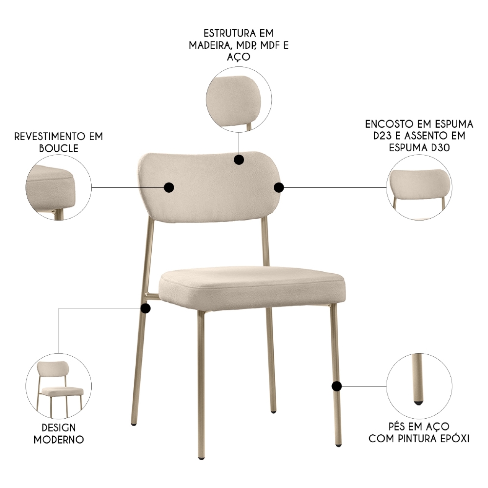 Cadeira Jantar Estofada Pé Metal Rosê Lavy Boucle Bege S08  - Mpozenato