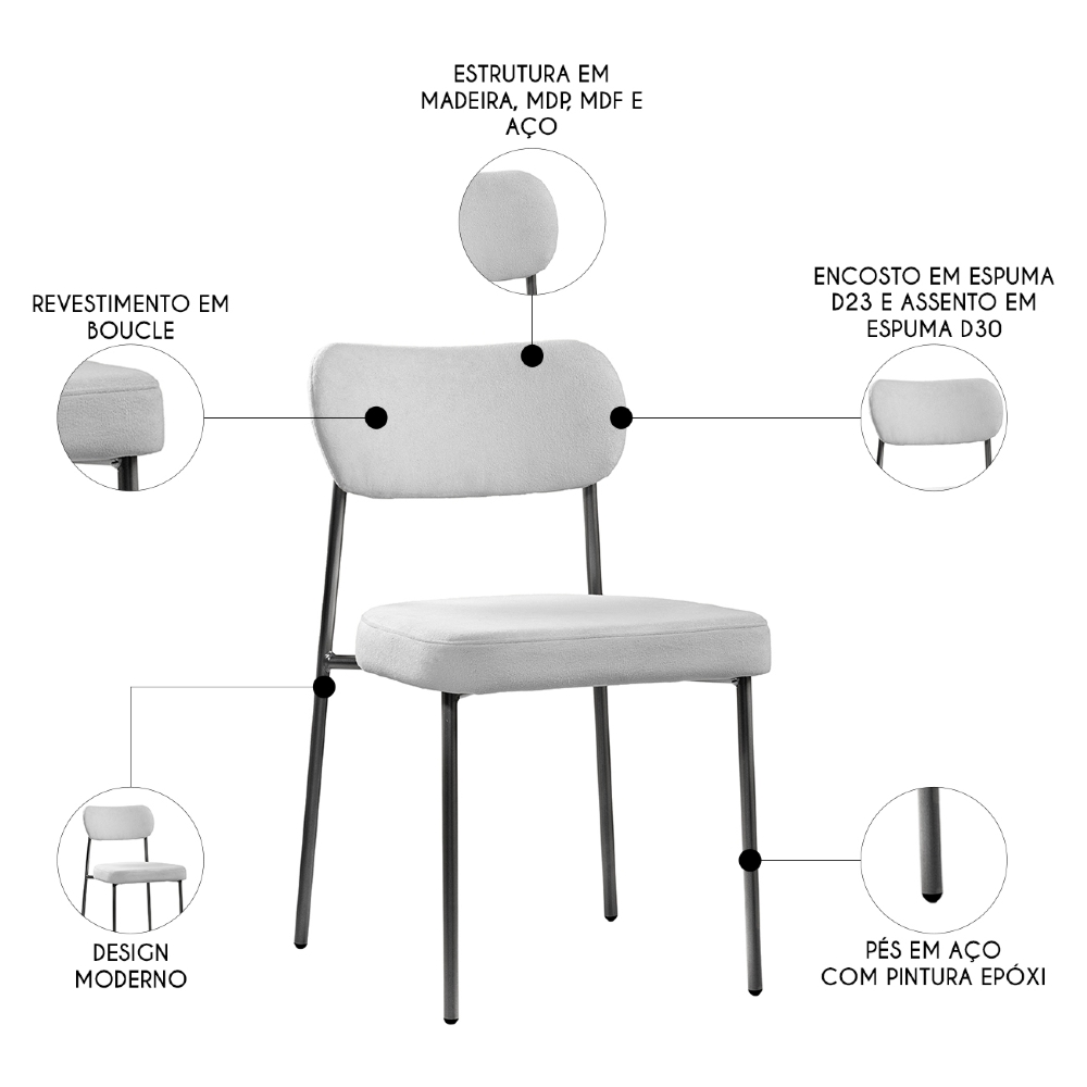 Cadeira Jantar Estofada Pé Metal Preto Lavy Boucle Cinza S08 - Mpozenato