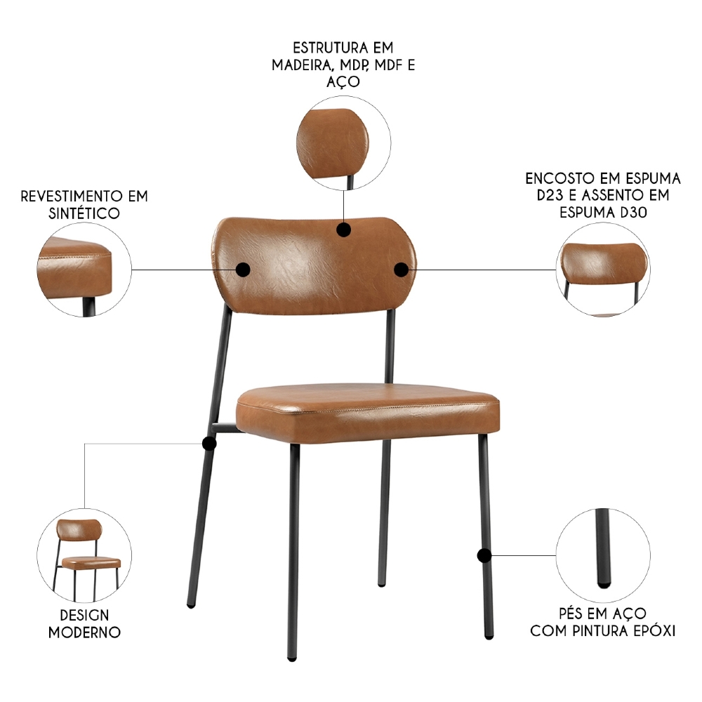 Cadeira Jantar Estofada Pé Metal Preto Kit 2 Lavy Sintético Amarula S08 - Mpozenato